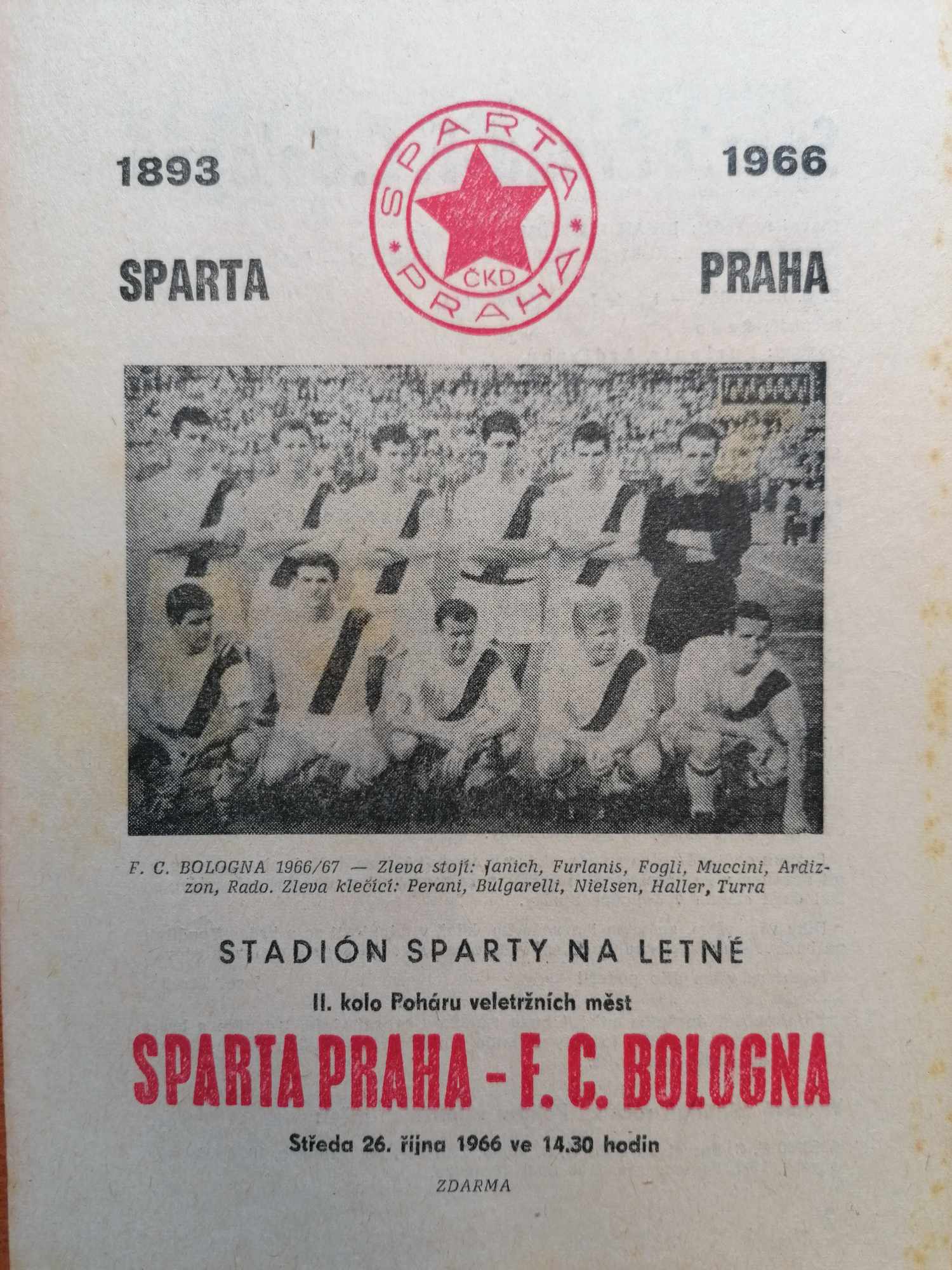 Zpravodaj Sparta Praha - F.C. Bologna (26.10.1966) | Marken.cz - Knihy ...