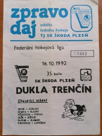 Zpravodaj SK Škoda Plzeň - Dukla Trenčín (16.10.1992)