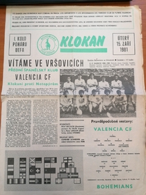 Zpravodaj Bohemians ČKD Praha - Valencia CF (15.9.1981)