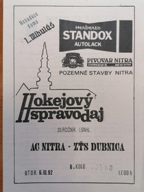 Zpravodaj AC Nitra - ZŤS Dubnica (6.10.1992)