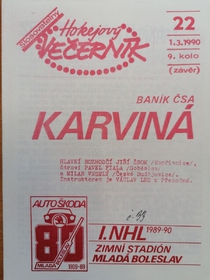 Zpravodaj TJ Auto Škoda Mladá Boleslav - Baník ČSA Karviná (1.3.1990)