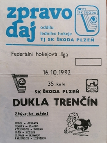 Zpravodaj TJ SK Škoda Plzeň - Dukla Trenčín (16.10.1992)